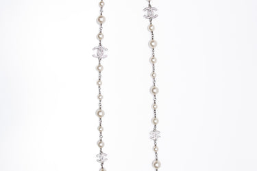 CHANEL Crystal Pearl CC Long Necklace Silver