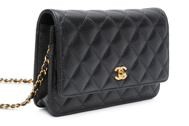 CHANEL Black Turnlock Caviar Quilted Wallet On Chain WOC