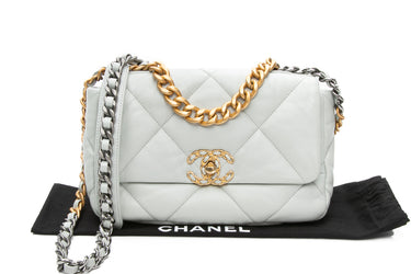 CHANEL Light Bluish Grey Lambskin Quilted Chanel 19 Flap Bag