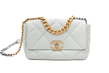 CHANEL Light Bluish Grey Lambskin Quilted Chanel 19 Flap Bag