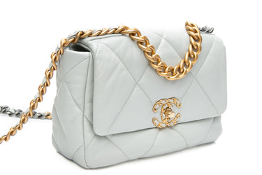 CHANEL Light Bluish Grey Lambskin Quilted Chanel 19 Flap Bag