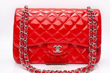 CHANEL Red Quilted Patent Leather Classic Jumbo Double Flap Bag