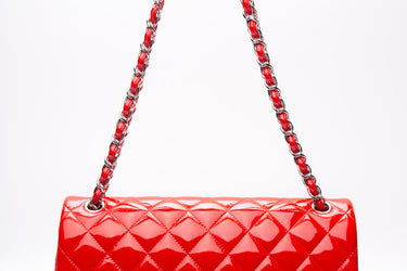 CHANEL Red Quilted Patent Leather Classic Jumbo Double Flap Bag