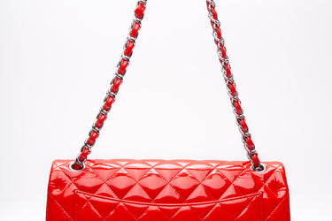 CHANEL Red Quilted Patent Leather Classic Jumbo Double Flap Bag