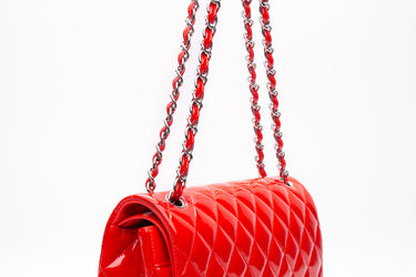 CHANEL Red Quilted Patent Leather Classic Jumbo Double Flap Bag