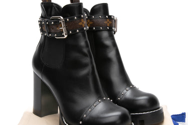 LOUIS VUITTON Black Calfskin Monogram Star Trail Chelsea Ankle Boots 38.5