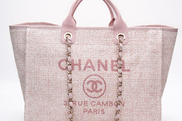 CHANEL Pink Straw Lurex Deauville Medium Tote Bag