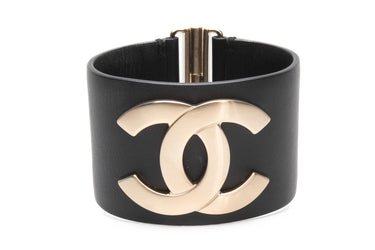CHANEL Black Calfskin Leather CC Wide Cuff