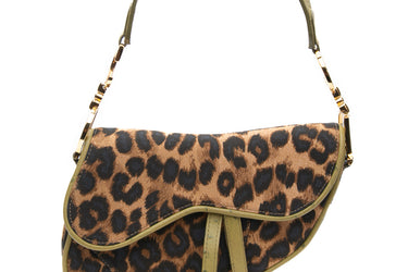 DIOR Vintage Green Ostrich Leather Brown Leopard Print Canvas Saddle Bag