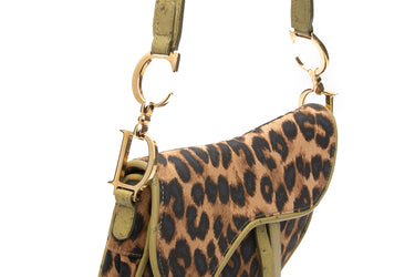 DIOR Vintage Green Ostrich Leather Brown Leopard Print Canvas Saddle Bag