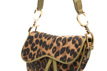 DIOR Vintage Green Ostrich Leather Brown Leopard Print Canvas Saddle Bag