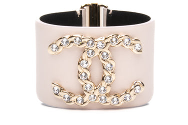 CHANEL Cream Calfskin Leather CC Crystal Cuff