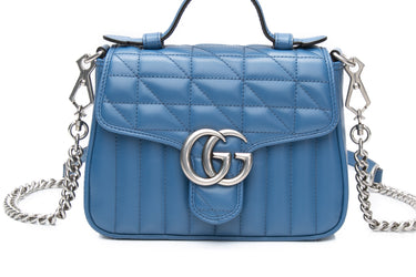 GUCCI Blue Calfskin Matelasse Aria Mini GG Marmont Top Handle Shoulder Bag