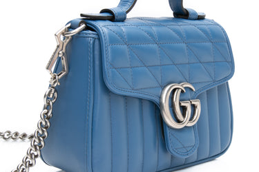 GUCCI Blue Calfskin Matelasse Aria Mini GG Marmont Top Handle Shoulder Bag