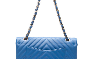 CHANEL Royal Blue Medium Classic Lambskin Chevron Double Flap Bag