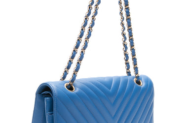 CHANEL Royal Blue Medium Classic Lambskin Chevron Double Flap Bag