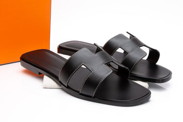 HERMES Oran Sandals Black Leather 37.5