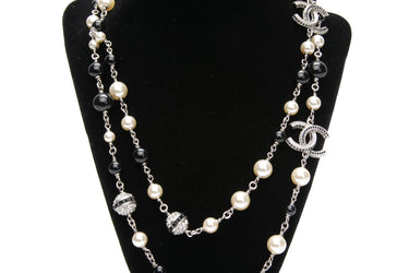 CHANEL Silver Black and White Faux Pearl CC Long Necklace