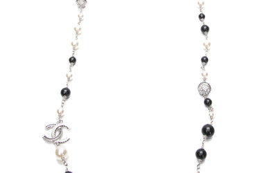 CHANEL Silver Black and White Faux Pearl CC Long Necklace