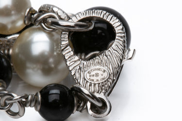 CHANEL Silver Black and White Faux Pearl CC Long Necklace