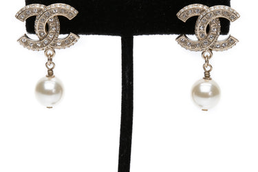 CHANEL Crystal Pearl CC Drop Earrings