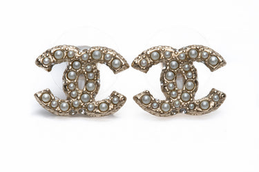 CHANEL Light Gold CC Pearl Earrings