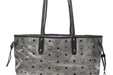 MCM Metallic Silver Black Visetos Liz Reversible Medium Tote Bag