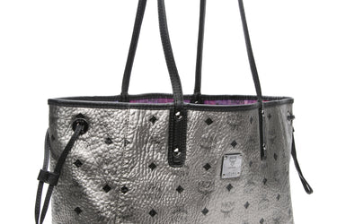 MCM Metallic Silver Black Visetos Liz Reversible Medium Tote Bag