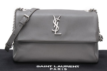 SAINT LAURENT Grey Grain De Poudre Medium West Hollywood Monogram Fold-Over Bag