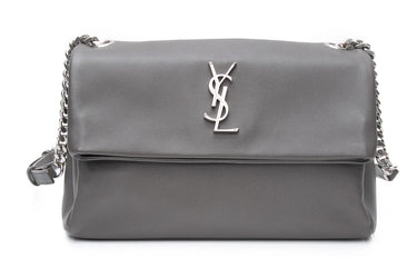 SAINT LAURENT Grey Grain De Poudre Medium West Hollywood Monogram Fold-Over Bag