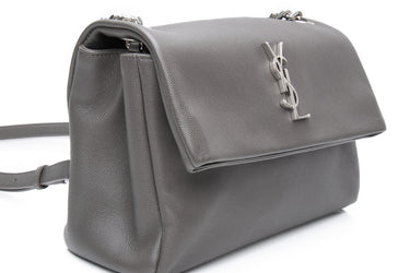 SAINT LAURENT Grey Grain De Poudre Medium West Hollywood Monogram Fold-Over Bag