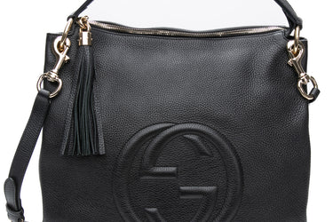 GUCCI Black Pebbled Calfskin Tassel Soho Two-way Hobo Shoulder Bag