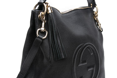 GUCCI Black Pebbled Calfskin Tassel Soho Two-way Hobo Shoulder Bag