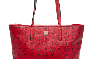 MCM Red Visetos Zip Shopping Tote Bag