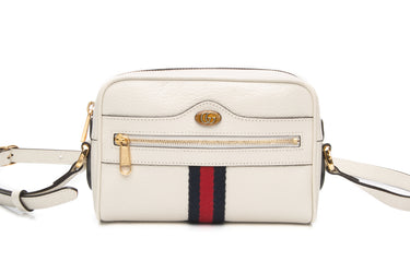 GUCCI Mystic White Textured Dollar Calfskin Web Mini Ophidia Shoulder Bag