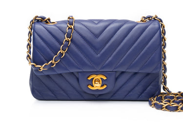 CHANEL Blue Lambskin Chevron Quilted Mini Rectangular Flap Crossbody Bag