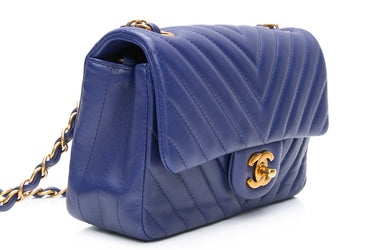 CHANEL Blue Lambskin Chevron Quilted Mini Rectangular Flap Crossbody Bag