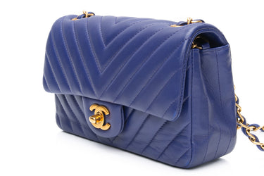 CHANEL Blue Lambskin Chevron Quilted Mini Rectangular Flap Crossbody Bag