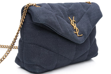 SAINT LAURENT Deep Marine Blue Puffer Small YSL Quilt Canvas Shoulder Bag