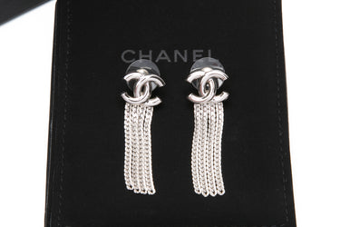 CHANEL CC Silver Chain Fringe Earrings
