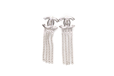 CHANEL CC Silver Chain Fringe Earrings