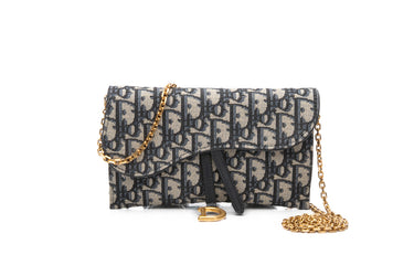 DIOR Blue Dior Oblique Jacquard Long Saddle Pouch Wallet With Chain Crossbody
