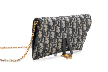 DIOR Blue Dior Oblique Jacquard Long Saddle Pouch Wallet With Chain Crossbody
