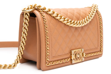 CHANEL 23P Dark Beige Caviar Quilted Medium Chain Around Boy Flap Bag