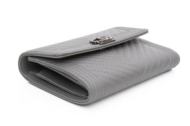 CHANEL Grey Lambskin Chevron Quilted Medium Boy Flap Wallet (New)