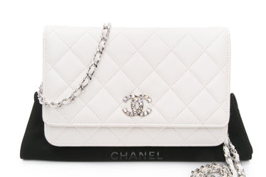 CHANEL White Lambskin Quilted Crystal CC Wallet On Chain WOC