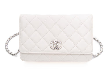CHANEL White Lambskin Quilted Crystal CC Wallet On Chain WOC