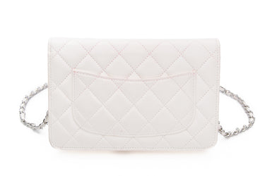CHANEL White Lambskin Quilted Crystal CC Wallet On Chain WOC