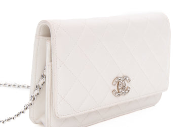 CHANEL White Lambskin Quilted Crystal CC Wallet On Chain WOC