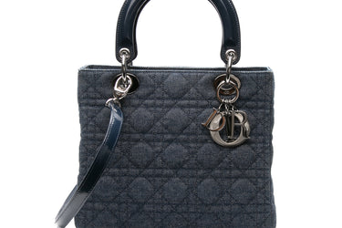 DIOR Vintage Blue Denim Cannage Medium Lady Dior Bag